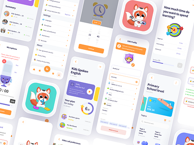 English brain app atantion seeker education illustration ios kids lessons list mascot picker progress search settings uiux