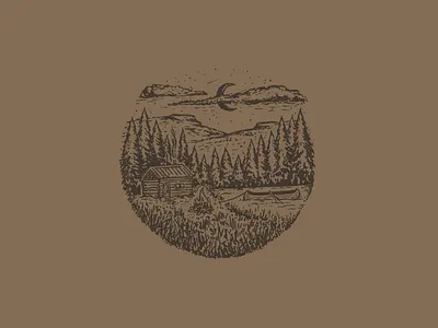 Lakeside Cabin cabin campfire canoe drawing forest hand drawn illustration little mountain print shoppe mountains procreate sketch