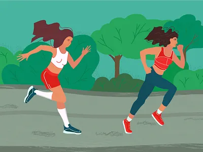 Running girls art character evening flat flat illustration girls illustration landscape run runner running sport trees vector vector art