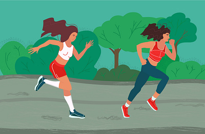 Running girls art character evening flat flat illustration girls illustration landscape run runner running sport trees vector vector art