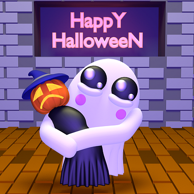 Happy Halloween Day 3d 3dmodeling 3drender blender blue cute day ghost halloween happy light lowpoly neon night pumpkin scare scene stone wall wood