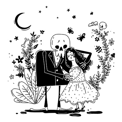 Death and lady. black white blackandwhite characters cute cute illustration death halloween design halloween illustration illustration love