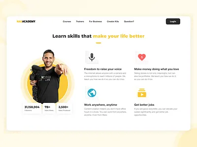 Nas Academy Homepage - Benefit academy benefit content course creator design education edutech home illustration landing page nasacademy nasdaily platform ui ux