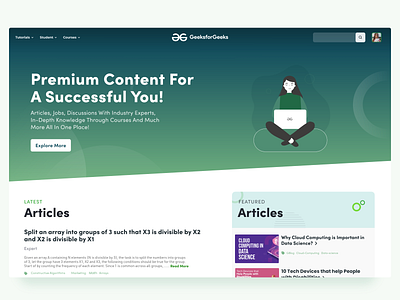 GeeksforGeeks Premium: Homepage animation article blog computer science education microinteraction premium reading ui uiux ux web design webdesign