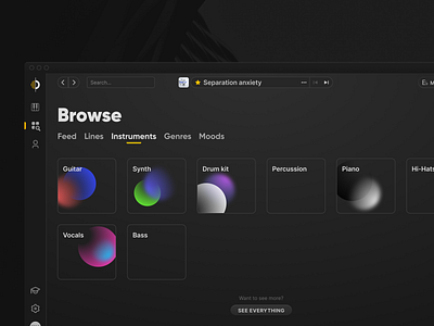 Output Arcade redesign app blocks browse categories dark dark app dark mode dark theme daw designer desktop app gradient gray grey macos macos app music music software uidesign