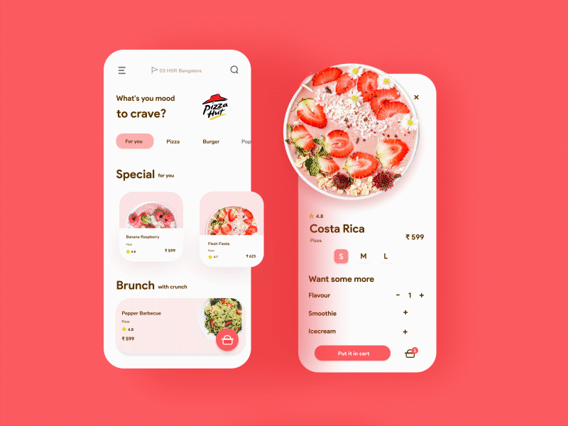 Pizza hunt - Interaction cart dribbble best shot dribbbleweeklywarmup food app foodie hunt interaction design mobile mobile interaction order pizza smoothie ui uiux want