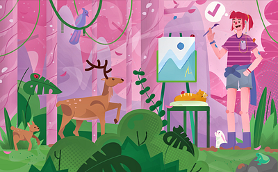 woman painting on the forest with animal activity animal art bird deer flat flat design foliage frog illustration paint panting people pink rabit