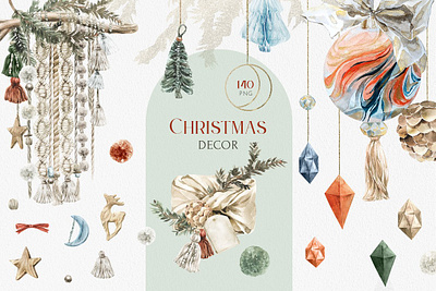 Christmas Decor Watercolor Set christ christian christmas christmas card christmas flyer christmas party christmas tree decor decorate decoration decorations decorative design flowers illustration print printing watercolor watercolor set wrapping