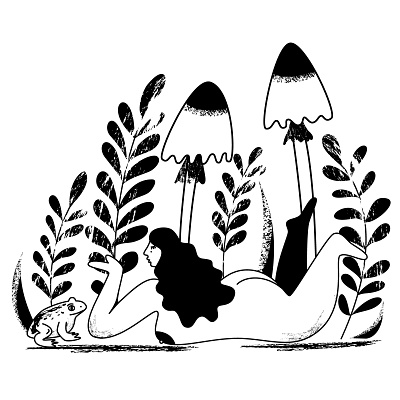 Disgusting | Woman kissing a frog black and white character disgusting frog girl illustration leaf mushroom nude plant vector woman