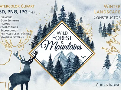 Winter Forest Mountains Gold clipart art clipart concept decorations design elements flowers forest gold golden graphic design holiday illustration illustrations mountains new year vector watercolor winter winterboard