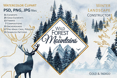 Winter Forest Mountains Gold clipart art clipart concept decorations design elements flowers forest gold golden graphic design holiday illustration illustrations mountains new year vector watercolor winter winterboard