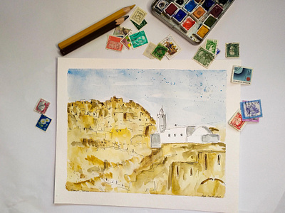 Chenini, Tunisia, Watercolor Sketch chenini illustration sketch travelsketch tunisia watercolour