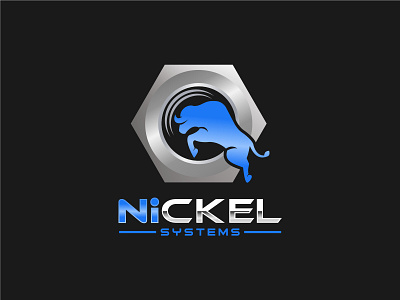 Nickel Systems animal logo black and white black background blue bull business concept geometic hexagon logo illustration literal logo modern logo strong