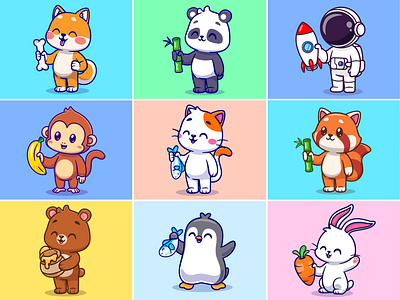 Animals and what they love🐱🐟🐼🎋 animals astronaut bamboo bone corgi cute eating feed fish food fruit honey icon illustration logo panda pet rocket space zoo