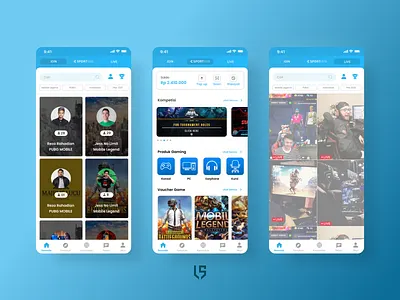 Home page design of E-Sporthub app design app ui blue design clean design clean ui game app gamers gradient home screen homepage design homescreen livestream livestreaming search results sport app sports app sports design sports logo ui design ux design
