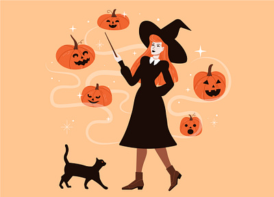 Happy halloween adobe illustrator cat drawing character design girl illustration halloween illustration jack o lantern pumpkin vector vectorart witch woman illustration