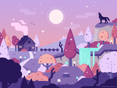 WolfWoods adobe illustrator crystals dusk fantasy flatdesign forest halloween illustration purple spooky vector art wolf woods