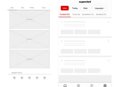 Betting App - Main View concept low fidelity mockup prototype ui wireframe