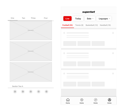 Betting App - Main View concept low fidelity mockup prototype ui wireframe