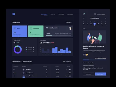 Learner platform dashboard app calendar cards class clean course dark mode dark ui dashboard design hours leaderboard learning platform minimal product schedule time trending ui ux