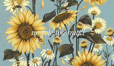 No Role Too Small bee bees daisy detailed digital illustration flora floral honeybee illustration insects jean yanga leaves natural no role too small organic plants procreate sunflower surface pattern design