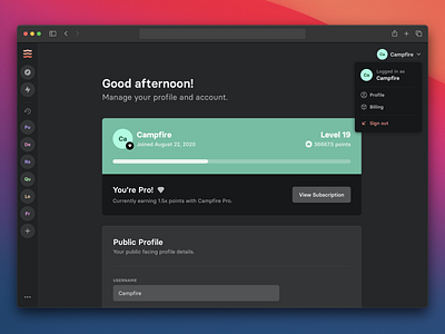 Campfire User Profile app campfire dark design interface layout minimal profile simple streaming ui web