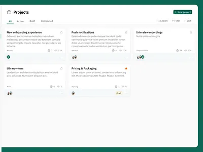 Project list with tabbed navigation - Card grid layout cards cards grid dialog figma green grid light mode list list of contributors metadata minimal modal projects saas tabbed tabs ui web