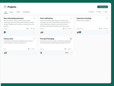 Project list with tabbed navigation - Card grid layout cards cards grid dialog figma green grid light mode list list of contributors metadata minimal modal projects saas tabbed tabs ui web