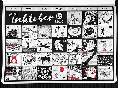 (mini) Inktober 2020 2020 black white calendar drawing illustration ink inktober inktober2020