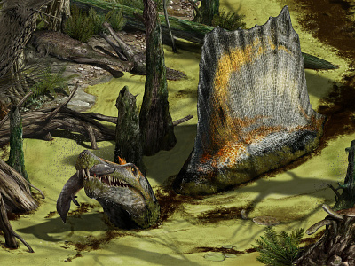 Spinosaurus pond bio illustration paleo science sea