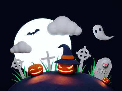 Halloween Terror 🎃 3d b3d bat blender cycles ghost grave gravestone illustration jack o lantern jackolantern moon planet pumpkin scary skull terror tomb tombstone witch