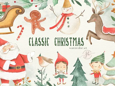 Classic Christmas art background bouquets candy christmas christmas floral classic clipart set design elves floral flowers gifts graphic design graphic elements hand painted illustration paint painted watercolor elements