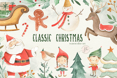 Classic Christmas art background bouquets candy christmas christmas floral classic clipart set design elves floral flowers gifts graphic design graphic elements hand painted illustration paint painted watercolor elements