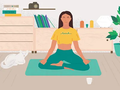 Keep calm and take a deep breath art calm cat character cozy flat flat illustration girl illustration interior meditation mindfulness room vector vector art