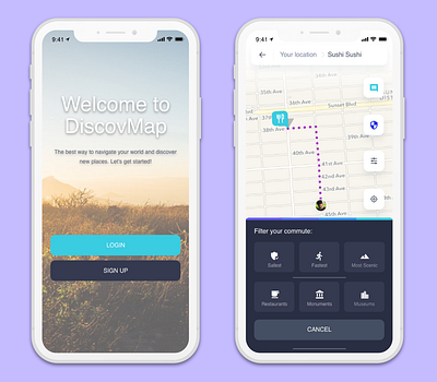 DiscovMap app biking commute design discover experience interest based map navigation personalization safety scenic travel app traveling ui ux walking