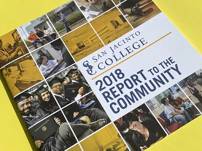 Report to the Community annual report blue college community college editorial design gold houston layout