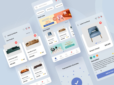 Furniture E-Commerce App blue ecommence ecommerce ecommerce app furniture furniture app furniture design ios app ios app design mobile ui product page shopping app sofa