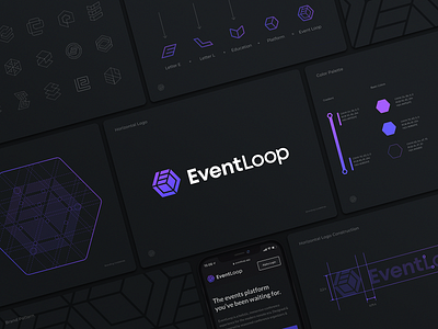 Event Loop Logo Guidelines arrows brandbook branding cube dark education education logo gradient hexagon identity letter e letter l logo theme