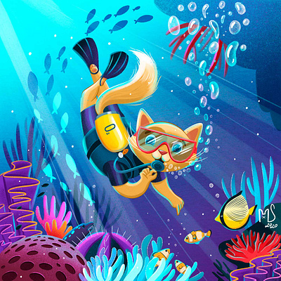 Scuba diving cat art book cat cats character child children corals cover design fish illustration kid marine ocean photoshop procreate scuba diver scuba diving sea