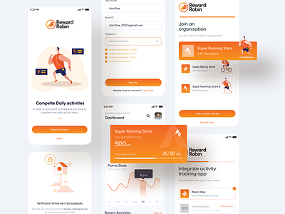 Reward App activity biking cards daily activity dashboard illustration mobiledesign onboarding points reward running ui ux