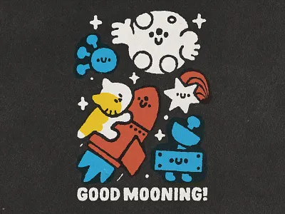 Good Mooning! bodega cat cosmos cute design doodle fly fun good mooning illustration japanese kawaii moon mooning rocket space star t shirt design typography
