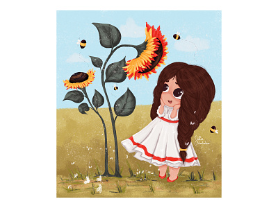 Cute little girl with sunflowers and bees animals bee cartoon character character design characters children illustration color cute design dress girl illustration kid kids little photoshop small story