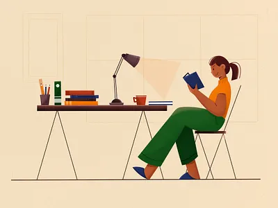 reading girl 2d book characters education flat girl girl illustration home illustration mobile app design personage procreate reading room student study texture website