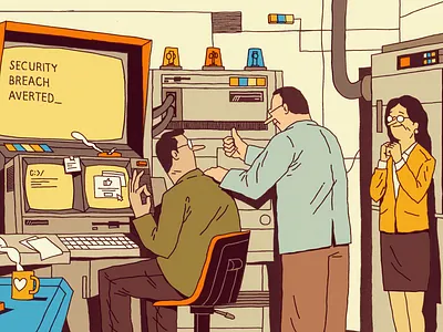 Security coffee computer cyber editorial illustration people room security success team teamwork work