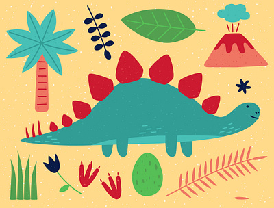 Stegosaurus animal design dino dinosaur dinosaurus egg flover footprints illustration leaves minimal palmtree vector volcano