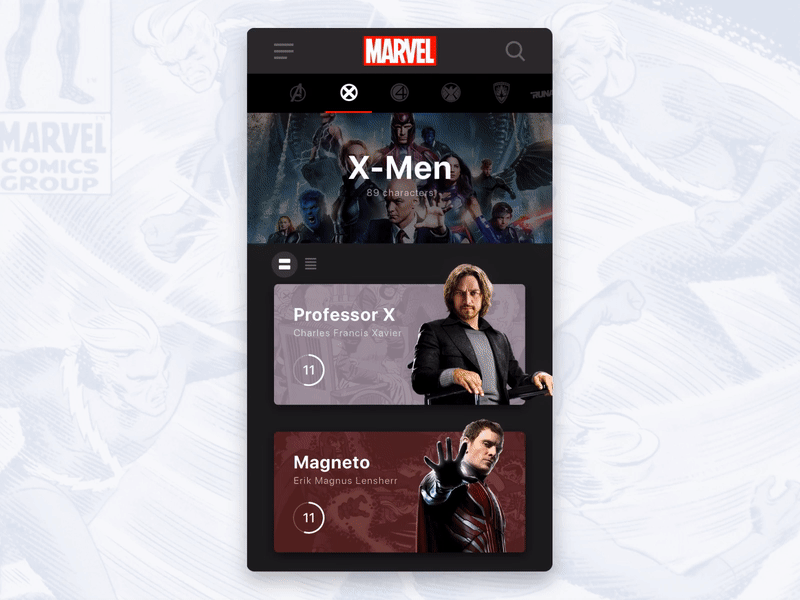 MARVEL mobile redesign animation app avenger avengers interface marvel mobile mobile app mobile design mobile ui motion protopie prototype redesign superhero ui website xmen