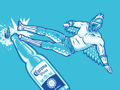 Corona Kick beer bird bottle coronavirus covid 19 dot screen fighting illustration kick luchador mexican outfit pandemic rooster stipple uniform wrestler wrestling