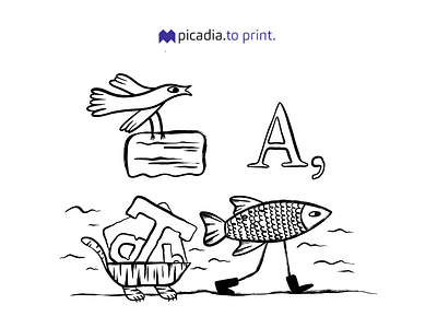 Picadia. to print. Illustration bird character crazy fish illustration illustrator ink letter sea sign