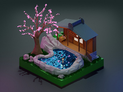 Japanese Onsen | 3D Lowpoly 3d 3d art 3d artist blender blender3d japanese low poly low poly low polygon lowpoly lowpolyart onsen sakura