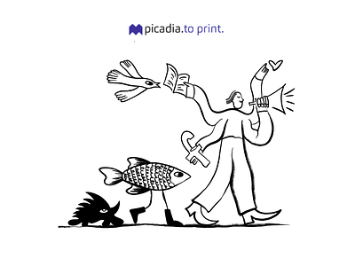 Picadia. to print. Illustration ''Promotion'' bird book contemporary crazy facebook fish like man media promo promotion